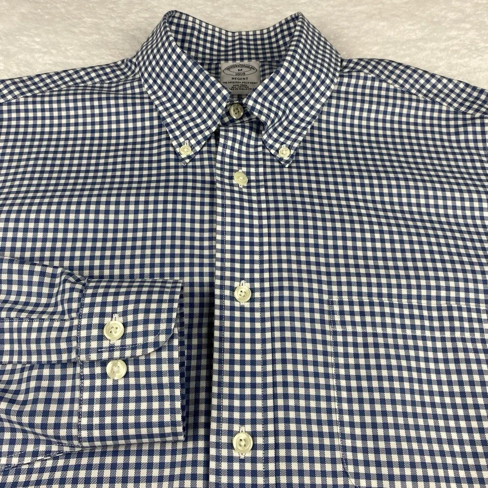 Brooks Brothers Shirt Mens Medium Blue/White Checks Regent Non Iron - Picture 4 of 9